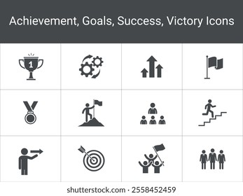 Success Icons including trophies, medals, teamwork, goal achievement,
progress, and leadership. Icon Vector Illustration