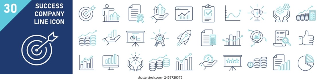 Success icons Pixel perfect. Success icon set. Set of 30 outline icons related to success. Linear icon collection. Success outline icons collection. Editable stroke. Vector illustration.