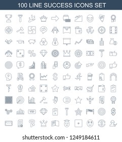success icons. Set of 100 line success icons included user and tick, money exchange, dollar smiley on white background. Editable success icons for web, mobile and infographics.