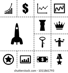 Success icons. set of 13 editable filled success icons such as man with flags, crown, tie, dollar, money, chart, graph, trophy, rocket, rank, medal