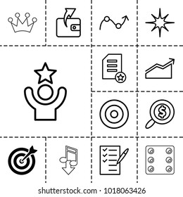 Success icons. set of 13 editable outline success icons such as target, wallet, check list, star, search dollar, graph, chart, diploma, celebrity, dice, crown