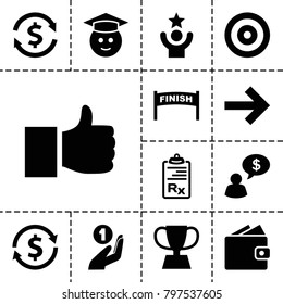 Success icons. set of 13 editable filled success icons such as like, graduate emoji, wallet, money exchange, finish, clipboard, forward, trophy, celebrity