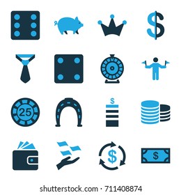 Success icons set. set of 16 success bi-color icons such as pig, man with flags, coin, money, 25 casino chip, horseshoe, dice, roulette, money on hand, wallet, crown