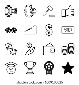 Success icons. set of 16 editable outline success icons such as star, wallet, casino chip and money, dollar, graduate emoji, dice, coin on hand, coin, finish flag, trophy