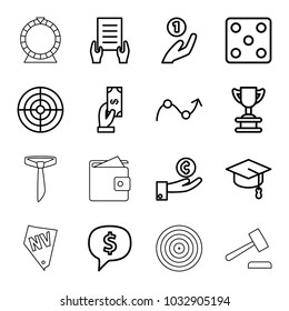 Success icons. set of 16 editable outline success icons such as payment, dice, holding document, trophy, coin on hand, dollar sign in cloud, hand on coin, graph, arrows up