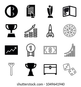 Success icons. set of 16 editable filled and outline success icons such as trophy, laughing emot, line graph, chest, money growth, number 1 medal, rocket, pointing on document