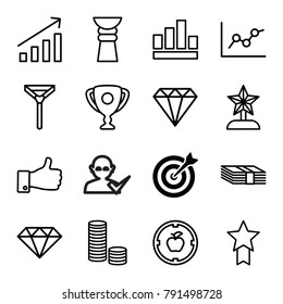 Success icons. set of 16 editable outline success icons such as target, gem, tie, money, graph, chart, coin, apple target, thumb up, trophy, star trophy, medal with star