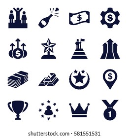 Success icons set. Set of 16 Success filled icons such as ranking, trophy, star trophy, arrows up, man at the top of the mountain with flag, number 1 medal, gold bar, money