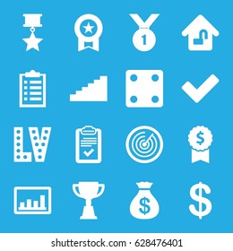 Success icons set. set of 16 success filled icons such as Coin, Money sack, Dice, Vegas, trophy, graph, tick, clipboard, home lock, target, stairs, number 1 medal