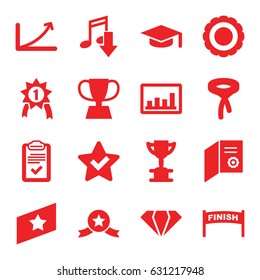 Success icons set. set of 16 success filled icons such as gem, tie, graph, clipboard, trophy, rank, award, number 1 medal, medal with star, eating mouth, graduation hat