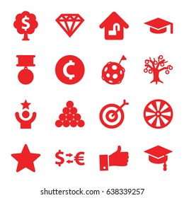 Success icons set. set of 16 success filled icons such as diamond, thumb up, home lock, star, money tree, medal, arrows up, flag on moon, target, celebrity, biliard triangle