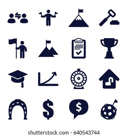 Success icons set. set of 16 success filled icons such as man with flags, horseshoe, roulette, dollar, trophy, clipboard, home lock, graph, user communicatrion, arrows up