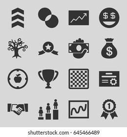 Success icons set. set of 16 success filled icons such as money sack, ranking, circle intersection, dollar smiley, line graph, handshake, rank, apple target, trophy