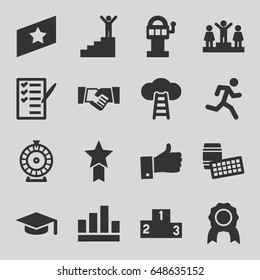 Success Icons Set. Set Of 16 Success Filled Icons Such As Roulette, Ranking, Check List, Thumb Up, Handshake, Rank, Man On Stairs, Medal With Star, Ladder To The Sky