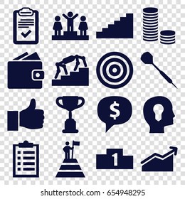 Success icons set. set of 16 success filled icons such as ranking, clipboard, dart, head with keyhole, thumbs up, stairs, chart, man at the top of the mountain with flag