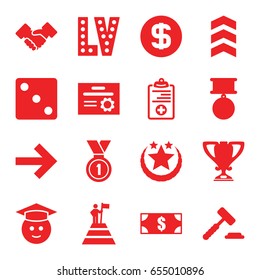 Success icons set. set of 16 success filled icons such as dice, vegas, graduate emoji, medical clipboard, handshake, medal, trophy, dollar coin, rank