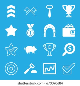 Success icons set. set of 16 success filled and outline icons such as pig, horseshoe, tie, medal, trophy, search dollar, rank, star, wallet, tick, crossed flags, chart