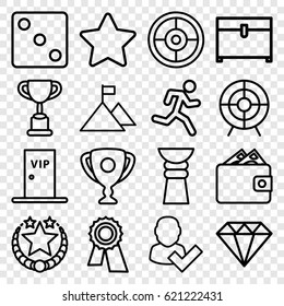 Success icons set. set of 16 success outline icons such as Dice, Diamond, chest, award, target, vip door, trophy, user and tick, flag on mountain, wallet, star