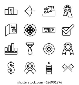 Success icons set. set of 16 success outline icons such as vip, Coin, tie, award, dollar, tick, ribbon, target, bow, graph, diploma, ranking, crossed flags, stairs