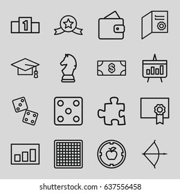 Success icons set. set of 16 success outline icons such as wallet, money, dice, graduation cap, graph, diploma, chart, bow, chess horse, ranking, medal with star, puzzle, dice