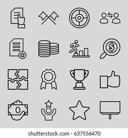 Success icons set. set of 16 success outline icons such as coin, pointing on document, puzzle, board, search dollar, star, trophy, user communicatrion, like, medal