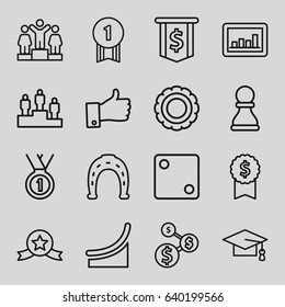 Success icons set. set of 16 success outline icons such as horseshoe, dice, ranking, graduation cap, graph, thumb up, medal, chess pawn, chart, number 1 medal, medal with star