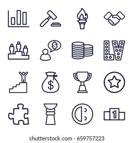 Success icons set. set of 16 success outline icons such as coin, money sack, vegas, trophy, handshake, rank, ranking, torch, laughing emot, auction hummer, man on stairs