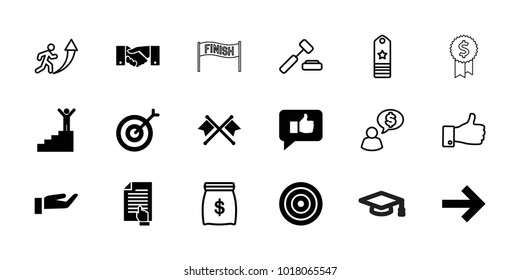 Success icons. set of 18 editable filled and outline success icons: thumb up, target, forward, man on stairs, crossed flags, auction hummer, man going up, money sack