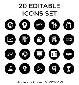 Success icons. set of 20 editable filled success icons such as roulette, money, wallet, holding document, medal, trophy, chart. best quality success elements in trendy style.