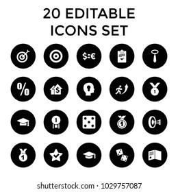 Success icons. set of 20 editable filled success icons such as dice, tie, graduation cap, star, graduation hat, medal, dice. best quality success elements in trendy style.