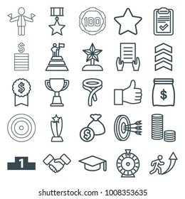 Success icons. set of 25 editable outline success icons such as ranking, roulette, tie, holding document, trophy, graduation hat, star, dollar award, coin, money bag