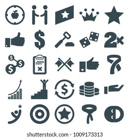 Success icons. set of 25 editable filled success icons such as casino bet, tie, dollar, auction hummer, money exchange, dollar sign, apple target, thumb up, clipboard
