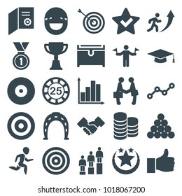 Success icons. set of 25 editable filled success icons such as man with flags, 25 casino chip, horseshoe, target, chest, trophy, star, diploma, biliard triangle, line graph