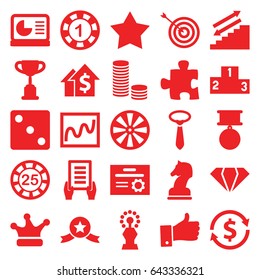 Success icons set. set of 25 success filled icons such as gem, star, 1 casino chip, 25 casino chip, dice, target, tie, holding document, crown, thumb up, ranking