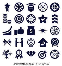 Success icons set. set of 25 success filled icons such as gem, roulette, 100 casino chip, casino chip, graduate emoji, star, target, home lock, rank, thumbs up, chart