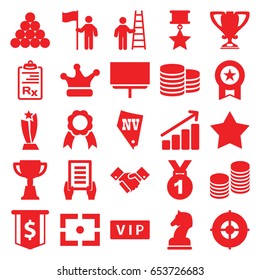 Success icons set. set of 25 success filled icons such as vip, coin, star, vegas, holding document, trophy, board, clipboard, handshake, ribbon, crown, coin, target, graph