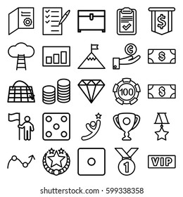 success icons set. Set of 25 success outline icons such as vip, gem, Money, 100 casino chip, Dice, chest, check list, clipboard, coin, graph, medal, money, diploma, trophy