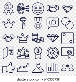 Success icons set. set of 25 success outline icons such as dice, crown, tie, handshake, ranking, circle intersection, crown, diploma, user communicatrion, medal, dollar smiley