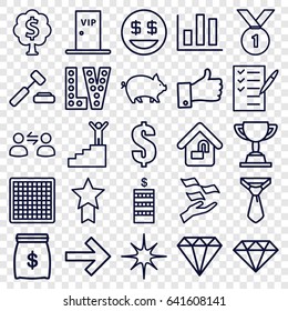 Success icons set. set of 25 success outline icons such as pig, gem, coin, money on hand, vegas, tie, dollar, check list, star, thumb up, home lock, vip door, money tree