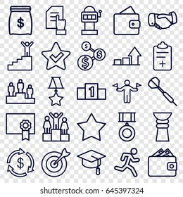 Success icons set. set of 25 success outline icons such as man with flags, wallet, money, handshake, pointing on document, medical clipboard, target, graph, diploma, medal