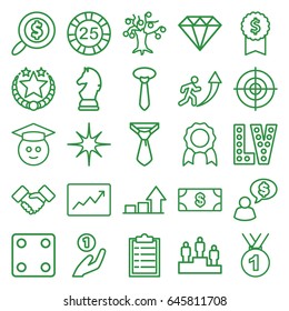 Success icons set. set of 25 success outline icons such as money, 25 casino chip, dice, diamond, vegas, tie, star, line graph, handshake, target, graph, search dollar, ranking
