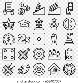 Success icons set. set of 25 success outline icons such as money, casino chip, payment, dice, casino bet, graduation cap, holding document, clipboard, home lock