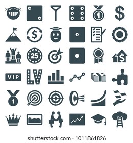 Success icons. set of 36 editable filled success icons such as vip, crown, coin, dice, money on hand, vegas, tie, graph, target, laughing emot, money exchange, check list