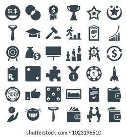 Success icons. set of 36 editable filled success icons such as 1 casino chip, 100 casino chip, dice, wallet, graduation cap, ranking, trophy, circle intersection, board