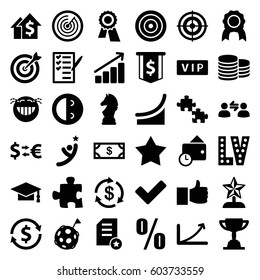 Success icons set. set of 36 success filled icons such as vip, Coin, Money, Star, Vegas, award, graduation cap, laughing emot, check list, tick, chess horse, target, wallet