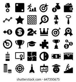 Success icons set. set of 36 success filled icons such as coin, star, dice, casino bet, crown, chest, tie, puzzle, laughing emot, graduate emoji, line graph, search dollar