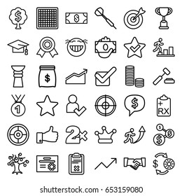 Success icons set. set of 36 success outline icons such as casino chip and money, casino bet, graduation cap, thumb up, clipboard, tick, crown, add user, target, graph