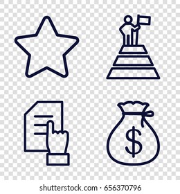 Success icons set. set of 4 success outline icons such as money sack, pointing on document, man at the top of the mountain with flag