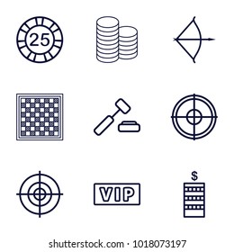 Success icons. set of 9 editable outline success icons such as vip, coin, 25 casino chip, auction hummer, target, bow, chess board