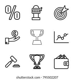Success icons. set of 9 editable outline success icons such as auction hummer, target, slot machine, chart, hand on coin, percent, trophy